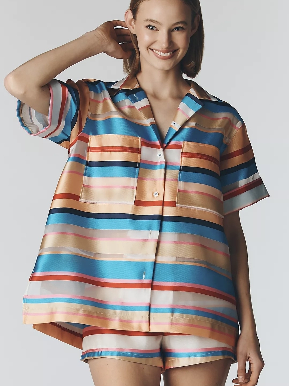 Anthropologie Striped Button-Down Top in Blue, Peach & Pink